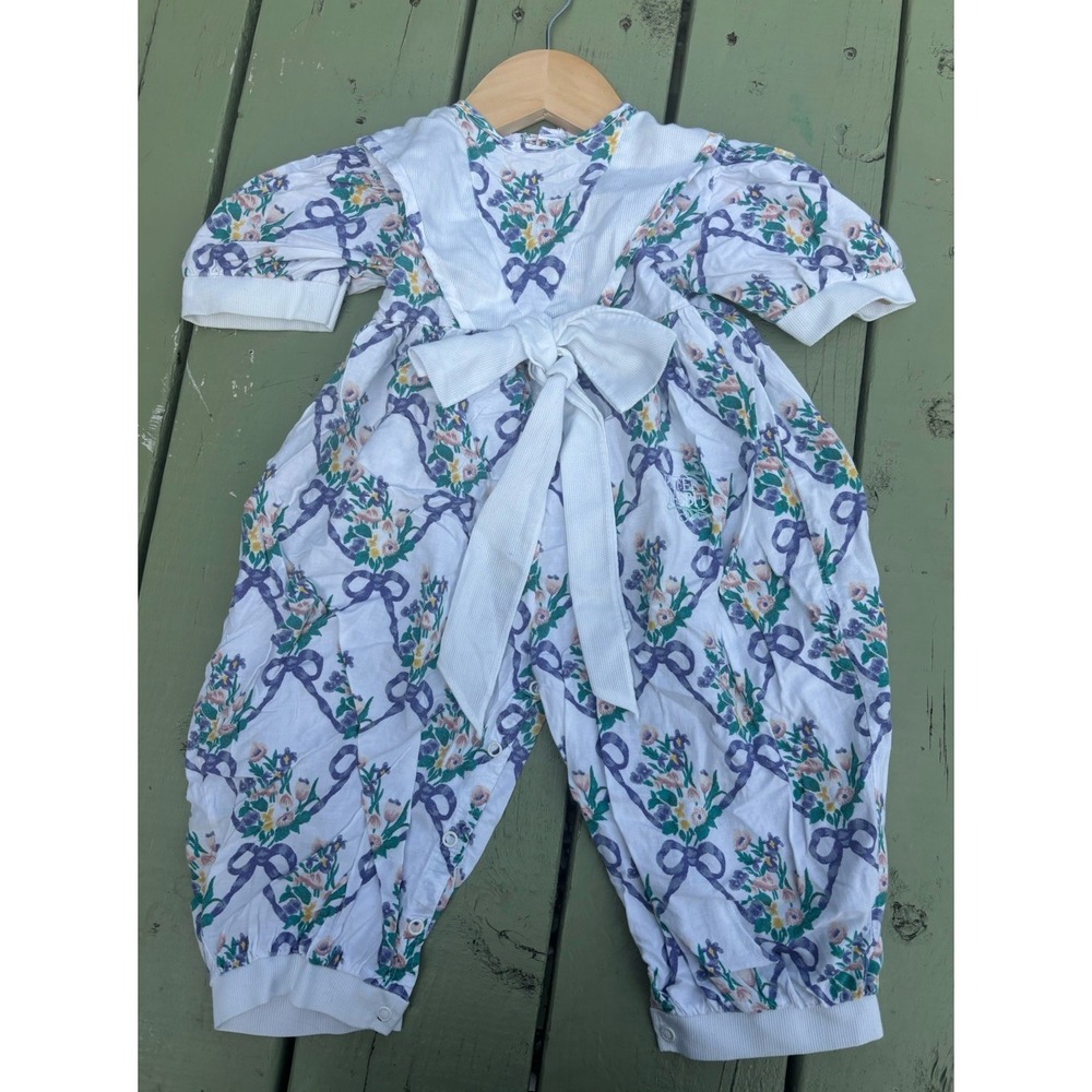 Vintage Beatrix Potter Girls One Piece Bows Floral RARE Find 90s Puff Romper 18M